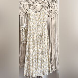 Trixxi Ivory Yellow Floral Tie Midi Dress NWOT Size Large with Hair Bow